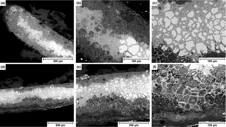 Figure 6a to f Details of the cutting surface above the shank, SEM/BSE: (a, b) Border area, (c) homogeneous area of Cu2O and metallic Cu. (d, e, f) Central area showing varying corrosive attacks.
Bild 6a bis f: Details der Schnittfläche oberhalb der Öse, REM-RE: (a, b) Randbereich, (c) homogener Bereich aus Cu2O und metallischem Cu. (d, e, f) mittlerer Bereich mit unterschiedlichem korrosiven Angriff.