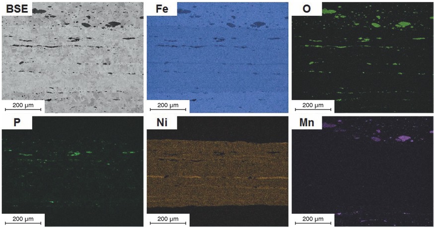 Figure 5 SEM-EDS element distribution of the central meteorite region.
Bild 5:REM-EDX Elementverteilung des mittleren Meteoritenbereichs.
