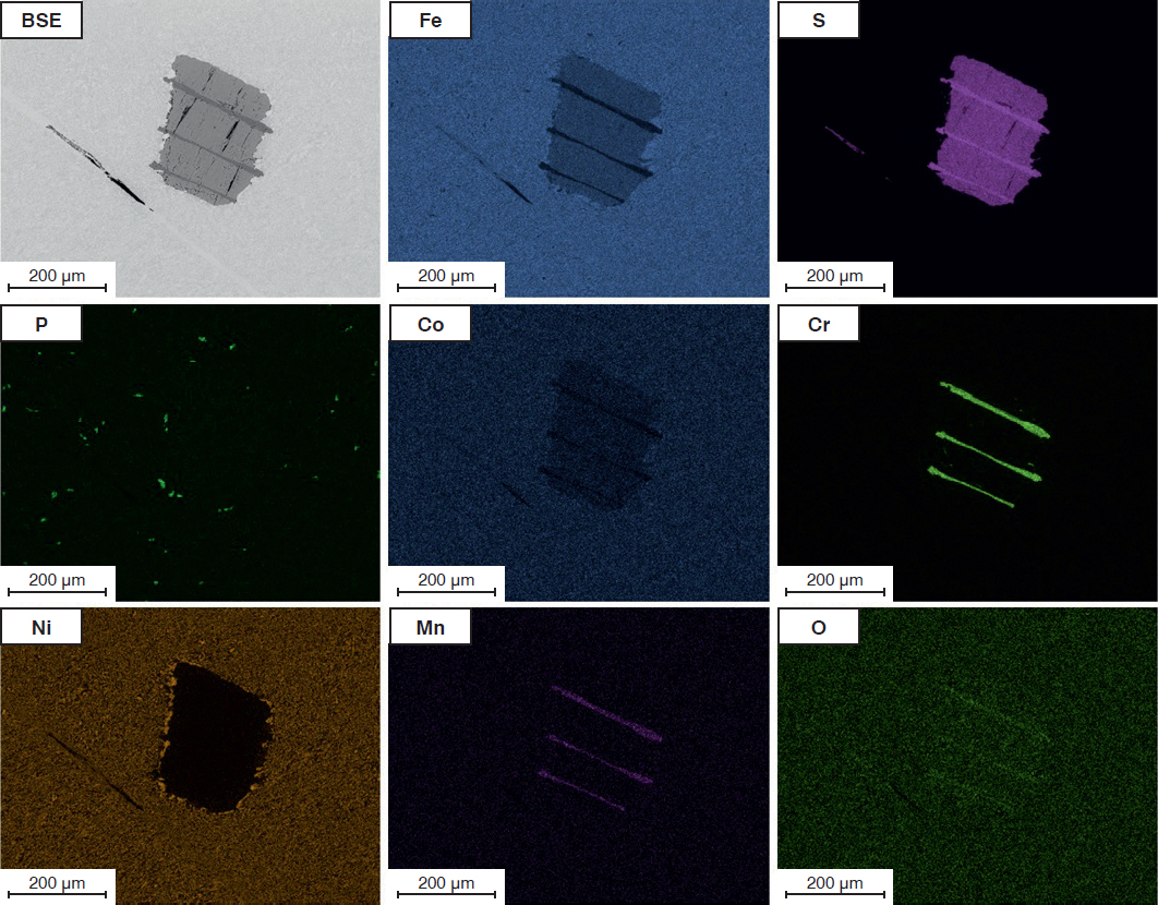 Figure 5 
Gebel Kamil meteorite. EDS element distribution in an area where daubréelite and troilite occur side by side.
Bild 5: Meteorit Gebel Kamil. EDX Elementverteilung in einem Bereich, in dem Daubréelit und Troilit nebeneinander vorliegen.
