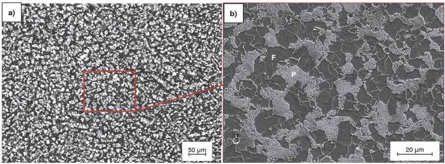 Figure 2a and b a) A LOM image of the fine ferritic-pearlitic microstructure of the trial alloy. The bright constituents are ferrite and the dark ones are pearlite. In the SEM image in b) the cementite lamellae of the pearlite (P) appears bright and the surrounding ferrite (F) dark. No other constituents are found for both alloys in the as-delivered condition.Bild 2a und b: a) LOM-Aufnahme des feinen ferritisch-perlitischen Gefüges der Versuchslegierung. Bei den hellen Bestandteilen handelt es sich um Ferrit, bei den dunklen um Perlit. In der REM-Aufnahme, b), erscheinen die Zementitlamellen des Perlits (P) hell und der umgebende Ferrit (F) dunkel. Im Anlieferungszustand werden für beide Legierungen keine weiteren Bestandteile gefunden.