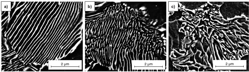 Figure 6a to c The different types of pearlite involving a) parallel, b) broken and c) degenerated pearlite. The types are distinguished by the characteristics of the bright appearing cementite.Bild 6a bis c: Zu den unterschiedlichen Perlittypen zählen a) paralleler, b) gebrochener und c) entarteter Perlit. Diese lassen sich an den Merkmalen des hell erscheinenden Zementits identifizieren.