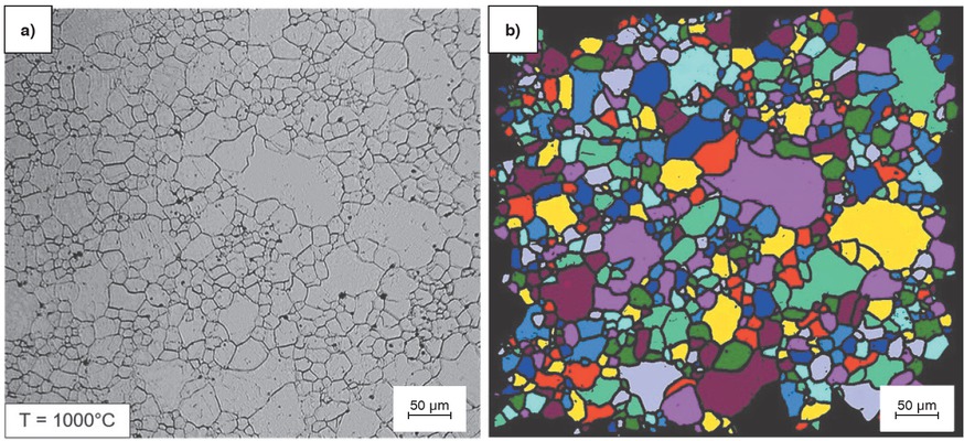 Figure 8a and b In a) the PAGs of the trial alloy at a temperature of 1000 °C are imaged by means of HTLSCM. The recognized grain areas are colored in b), from which the average grain sizes are calculated.Bild 8a und b: a) ist eine HTLSCM-Aufnahme der PAGs der Versuchslegierung bei einer Temperatur von 1000 °C. In b) sind die erkannten Kornbereiche eingefärbt, anhand derer die durchschnittlichen Korngrößen berechnet werden.