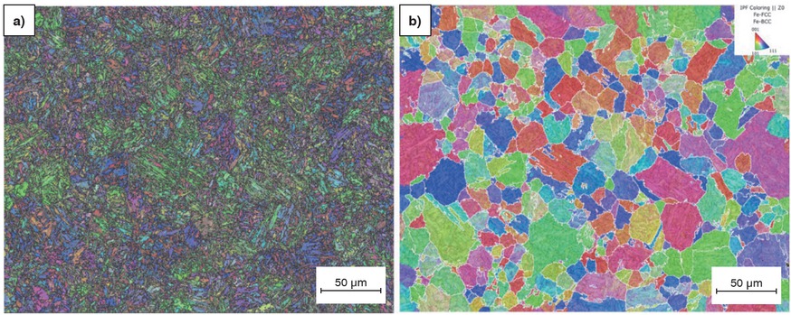 Figure 9a and b a) The martensitic microstructure of the trial alloy measured with EBSD. From this microstructure the PAGs are reconstructed with the Kurdjumov-Sachs orientation relationship. The reconstructed PAGs are shown in b).Bild 9a und b: a) Das martensitische Gefüge der Versuchslegierung, gemessen mit EBSD. Aus diesem Gefüge werden die PAGs mit der Kurdjumov-Sachs-Orientierungsbeziehung rekonstruiert. b) zeigt die rekonstruierten PAGs.