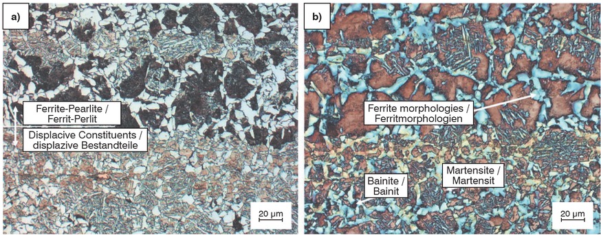 Figure 11a and b Evolving microstructure of the trial alloy at a cooling rate of 5 °C/s etched with a) Nital and b) with LePera etching. In the upper part of the images ferrite and pearlite is present, whereas in the lower part the newly developed microstructure, which is promoted by the tramp elements, can be seen clearly.Bild 11a und b: Bei einer Abkühlgeschwindigkeit von 5 °C/s entstehendes mit a) Nital und b) nach LePera geätztes Gefüge der Versuchslegierung. Im oberen Teil der Aufnahmen treten Ferrit und Perlit auf, während im unteren Teil deutlich das neu entstandene und durch die Begleitelemente begünstigte Gefüge zu erkennen ist.
