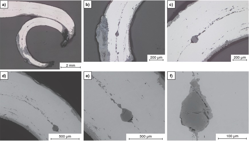 Figure 2a to f First section plane through the pin’s head. a–c) polished, LOM; d–f) SEM.Bild 2a bis f: Erste Schliffebene durch den Kopf der Nadel. a–c) poliert LOM, d–f) REM.