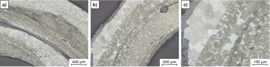 Figure 4a to c First section plane through the pin’s head, LOM. a–c) 3 % Nital etching.Bild 4a bis c: Erste Schliffebene durch den Kopf der Nadel, LOM. a–c) Nital 3 % Ätzung.