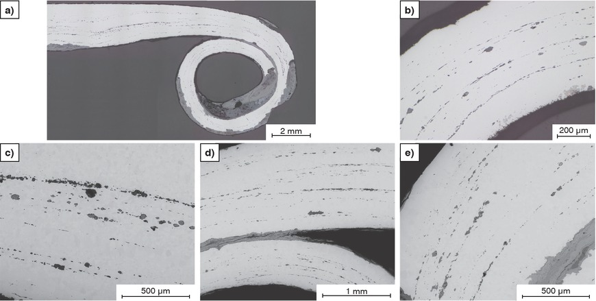 Figure 5a to e Second section plane through the pin’s roll-head. a, b) polished, LOM; c–e) SEM.Bild 5a bis e: Zweite Schliffebene durch den Rollenkopf der Nadel. a, b) poliert LOM, c–e) REM.