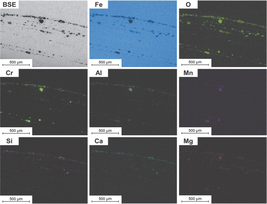 Figure 6 EDS element distribution at the transition roll-head/needle shaft.Bild 6: EDX-Elementverteilung Übergang Rollenkopf zum Nadelschaft.