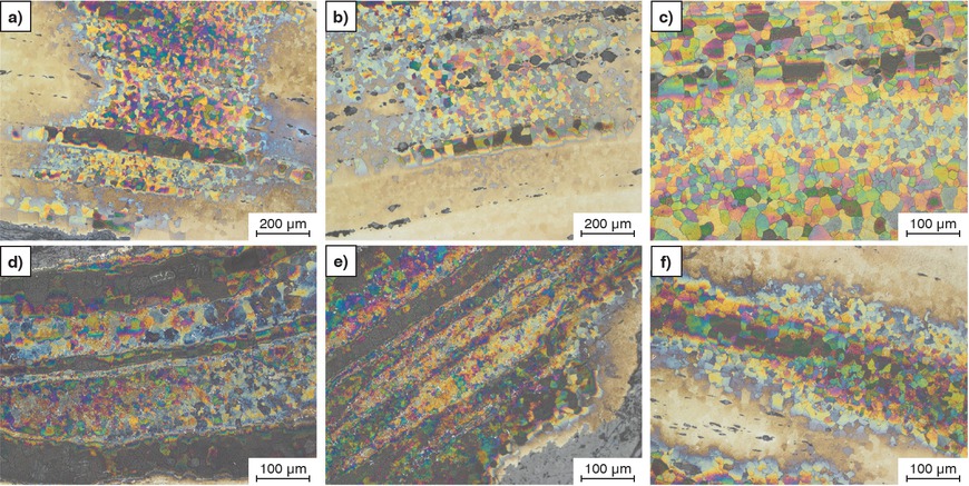 Figure 7a to f Roll-head area etched, LOM. a–f) Klemm I etching.Bild 7a bis f: Bereich Rollenkopf geätzt, LOM. a–f) Klemm 1 Ätzung.