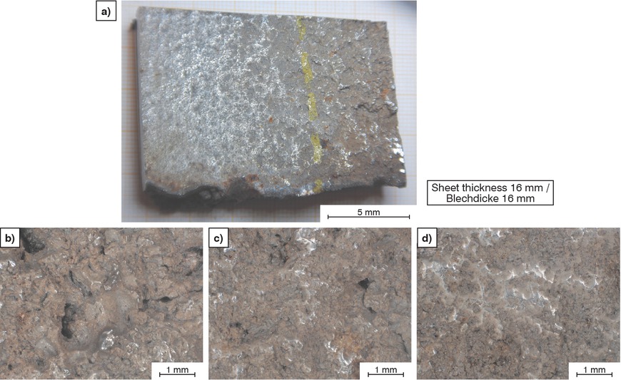 Figure 2a to d Examined piece of steel. a) Overall view, b) severely damaged, c) moderately damaged, d) slightly damaged, b–d) 3D digital microscopy images.Bild 2a bis d: Untersuchtes Stahlstück. a) Gesamtansicht, b) stark geschädigt, c) mittelmäßig geschädigt, d) wenig geschädigt, b–d) 3D-Digitalmikroskopiebilder.