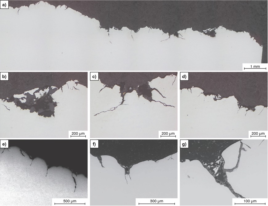 Figure 3a to g Polished cross-section. a) Overview image, b–g) differently deformed surfaces with cracks. a–d) LOM, e–g) SEM.Bild 3a bis g: Querschnitt poliert. a) Übersichtsaufnahme, b–g) unterschiedlich deformierte Oberflächen mit Rissen. a–d) LOM, e–g) REM.