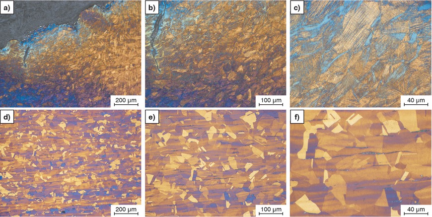 Figure 4a to f a–c) Severely deformed near-surface area, d–f) undamaged microstructure in the center of the sample. Etching according to Lichtenegger-Blöch, LOM.Bild 4a bis f: a–c) Stark verformter, oberfächennaher Bereich, d–f) ungeschädigtes Gefüge in der Probenmitte. Ätzung Lichtenegger Blöch, LOM.