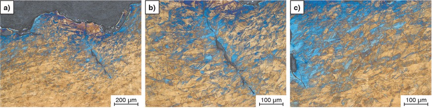 Figure 5a to c a–c) Severely deformed near-surface area, Lichtenegger-Blöch, LOM.Bild 5a bis c: a – c) Stark verformter oberfächennaher Bereich, Lichtenegger Blöch, LOM.