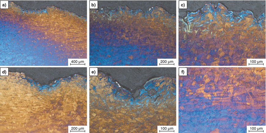 Figure 6a to f a–e) Moderately deformed near-surface region, f) slightly deformed transition region. Etching according to Lichtenegger-Blöch, LOM.Bild 6a bis f: a–e) Mittelstark verformter oberfächennaher Bereich, f) wenig verformter Übergangsbereich. Ätzung Lichtenegger Blöch, LOM.