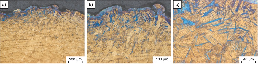 Figure 7a to c a–c) Moderately deformed near-surface area. Etching according to Lichtenegger-Blöch, LOM.Bild 7a bis c: a–c) Mittelstark verformter oberfächennaher Bereich. Ätzung Lichtenegger Blöch, LOM.