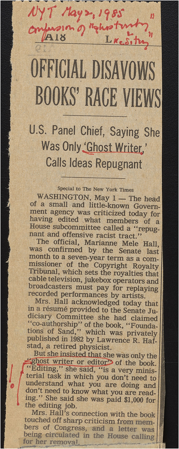 Figure 2: 
An exclamation mark highlighting the confusion by Marianne Mele Hall was scribbled in the newspaper clipping that circulated between Garfield and Merton (Courtesy of the Science History Institute). 
