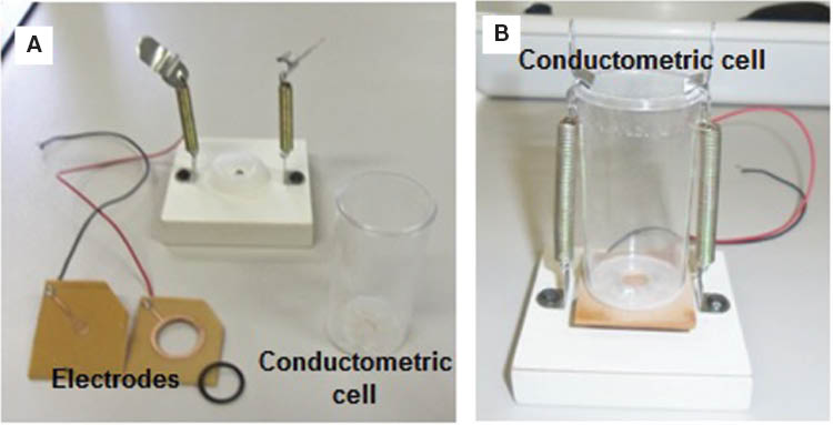Figure 1 Illustration of the electrodes (A) and conductometric cell (B) used for the electrical analyses (photo taken by an author).