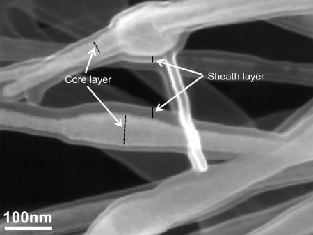 Figure 14: Magnified scanning electron microscopy (SEM) image of cisplatin-loaded poly(ethylene oxide) (PEO) nanofibers showing formation of distinct core and sheath layers.