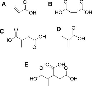 Figure 2: The structure of poly(alkenoic acid)s containing (A) acrylic, (B) maleic, (C) itaconic, (D) methacrylic and (E) 3-butene-1,2,3-tricarboxylic acid units (reprinted with permission from [2]).