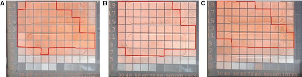 Figure 3: 50 ns (A), 100 ns (B) and 200 ns (C) pulse width plating results.