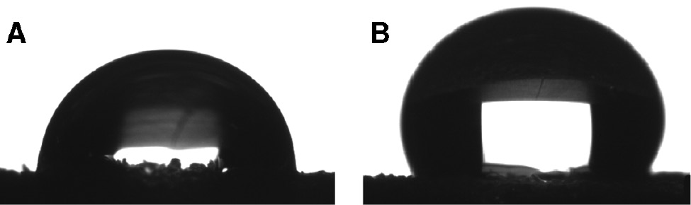 Figure 11: Contact angle images of core-shell OAM microspheres (A) and polyacrylate microspheres (B).
