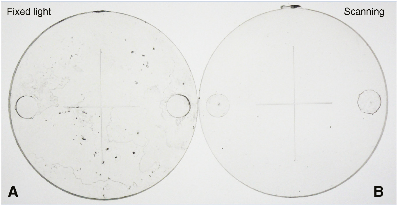 Figure 10: Products by scanning mode of light (B) and fixed light (A).