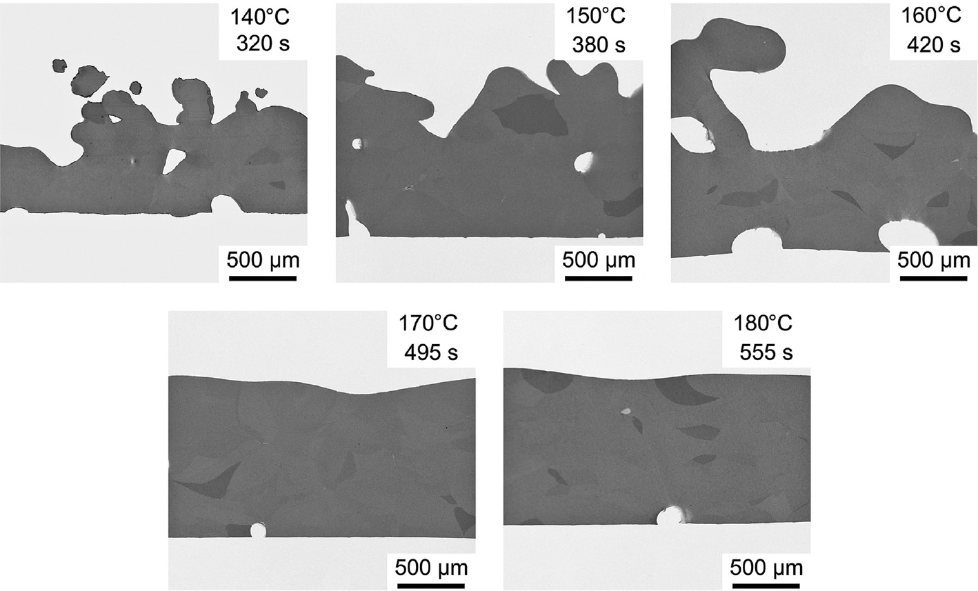 Figure 6: Cross sections of parts heated for different amounts of time and to different maximum temperatures.