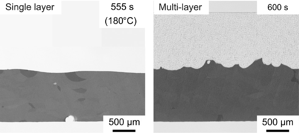 Figure 12: Comparison of the surface roughness of a single layer part (left, processing time: 555 s) and the interface layer of a multi-layer part (right, adding time of the second material: 600 s).