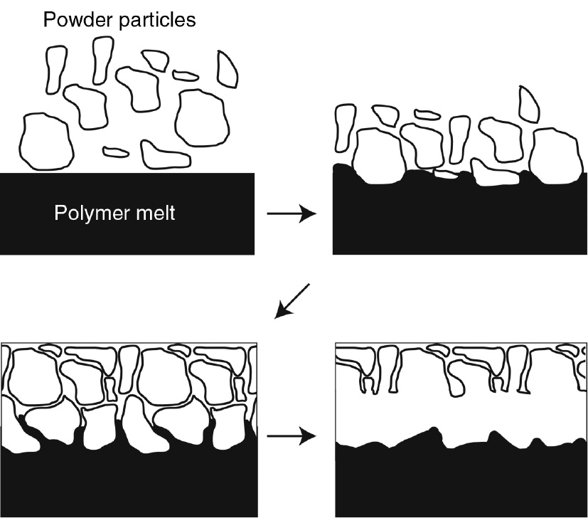 Figure 13: Roughening of the interface layer by penetration of the melt layer by solid powder particles.
