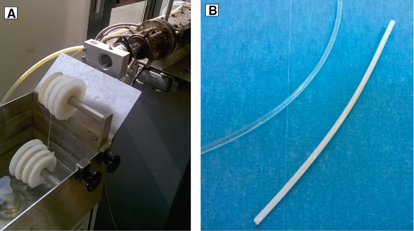 Figure 1: (A) Picture of PLA and PLA/HA composite extrusion process. (B) Picture of PLA and PLA/HA (white) filament.