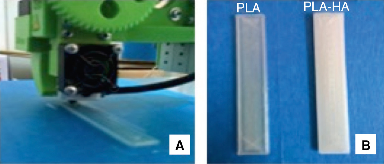 Figure 2: (A) 3DPRN LAB 3D during the layer by layer deposition and (B) PLA (left) and PLA-HA (right) bars realized.
