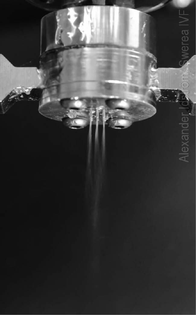 Figure 7: Lab-scale nozzle for the solution blown technique. Copyright photo A. Idström, Swerea IVF, reproduced with permission.