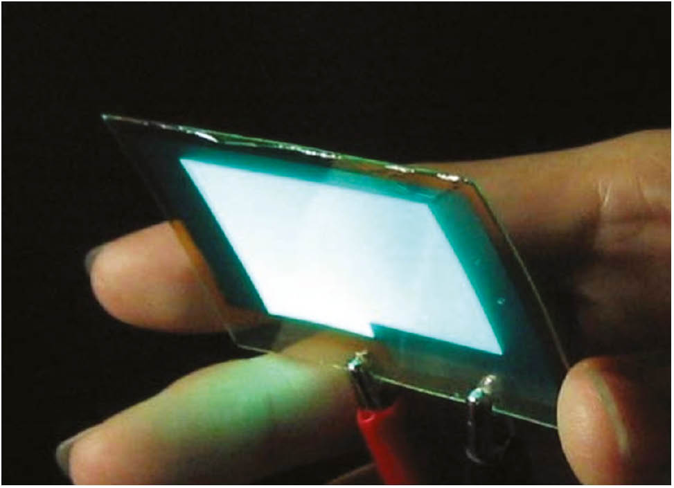 Figure 9: An organic light-emitting diode deposited onto a transparent nanocomposite made from bacterial cellulose [117]. Reproduced with permission. Copyright Wiley-VCH Verlag GmbH & Co. KGaA.