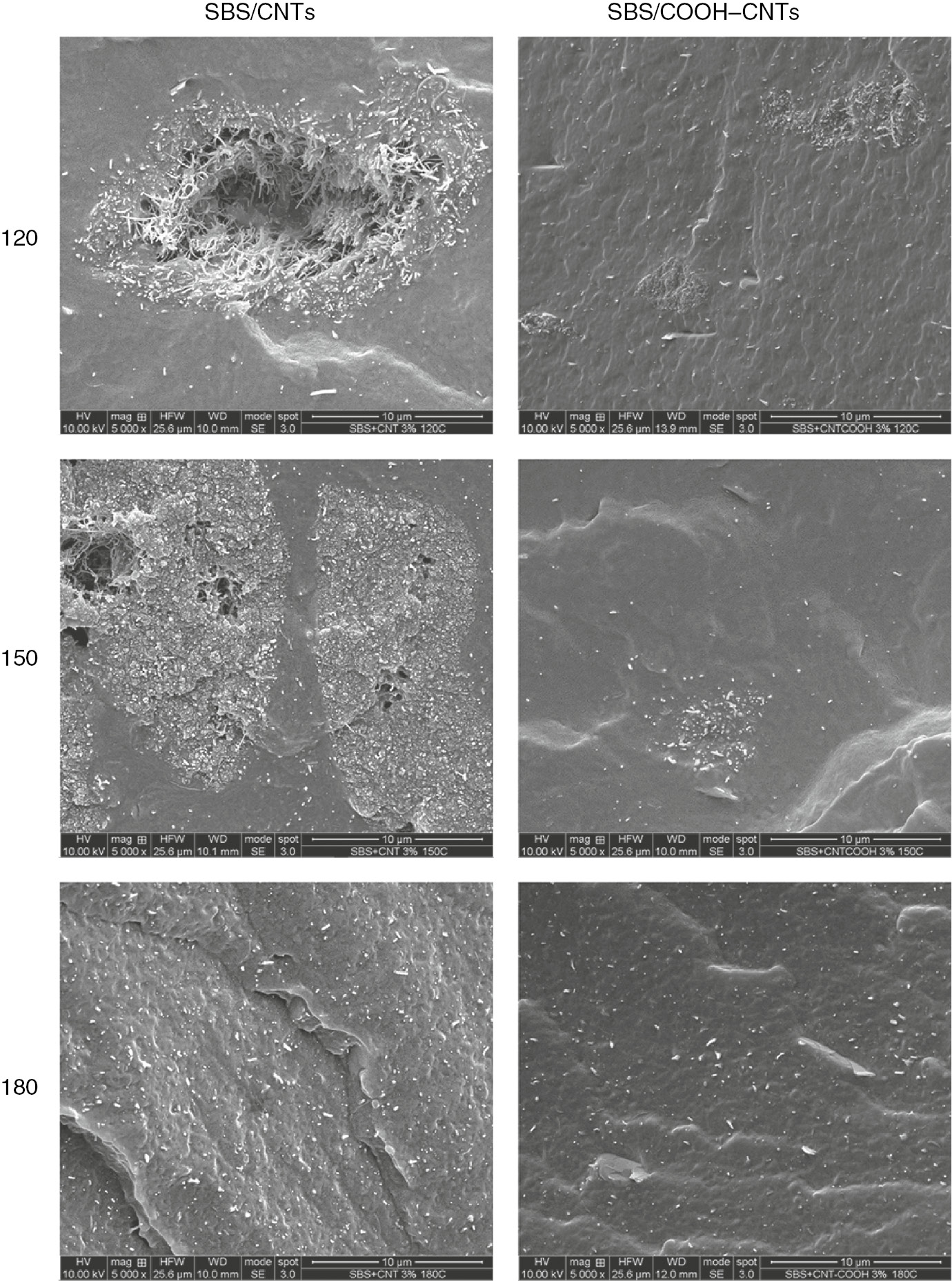 Figure 5: SEM micrographs of all investigated SBS-based nanocomposites.