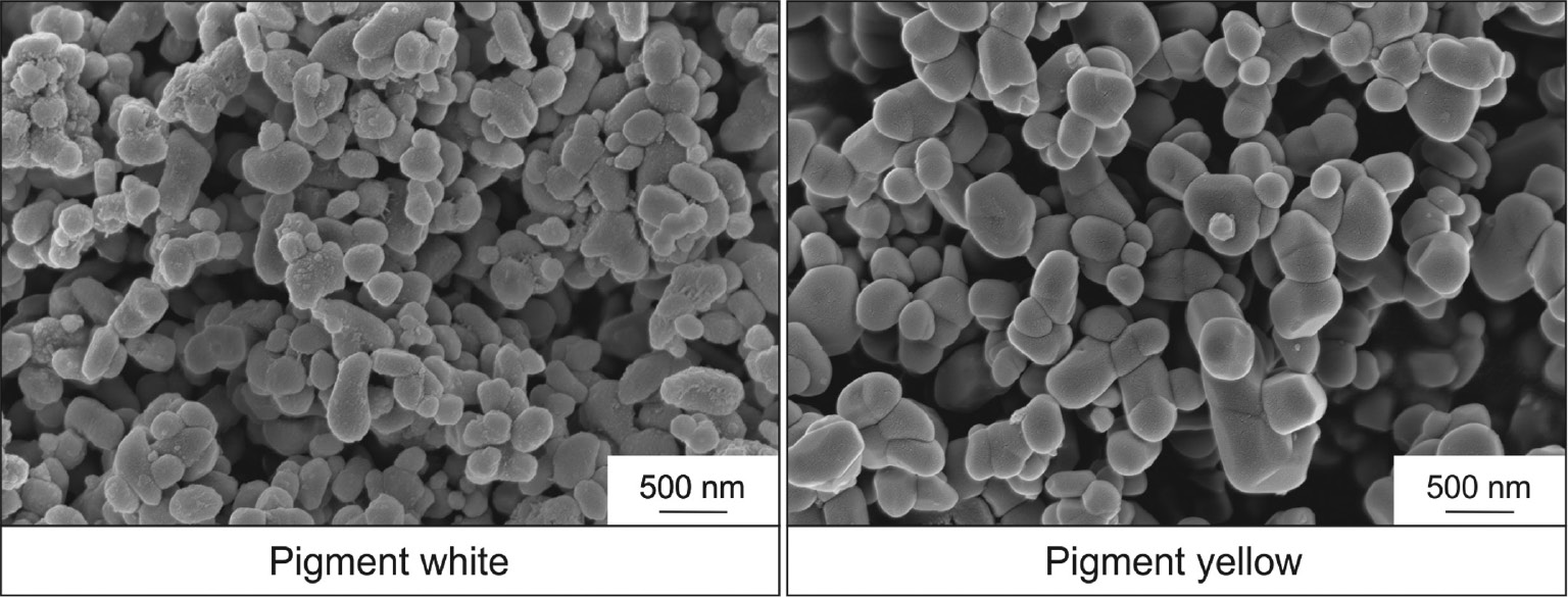 Figure 2: Scanning electron microscopy (SEM) images of the white and yellow pigment particles.