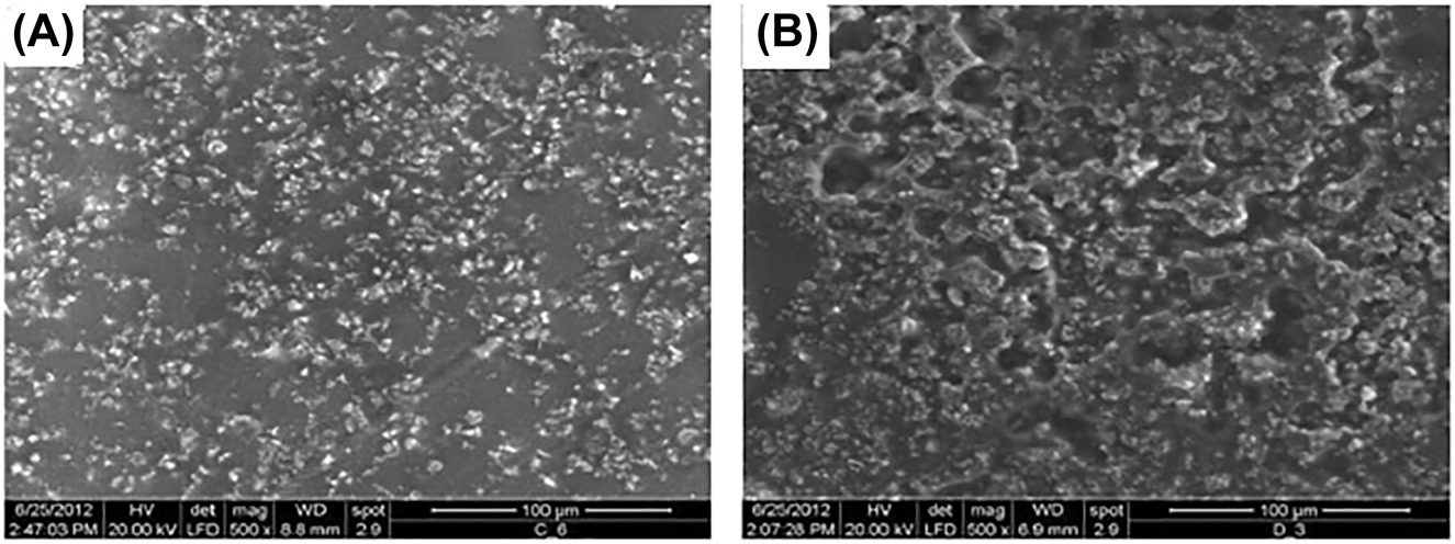 Figure 3: 
(A) SEM micrograph of 80PVA-20PVP-5 wt% HAp. (B) SEM micrograph for 80PVA-20PVP-10 wt% HAp.
