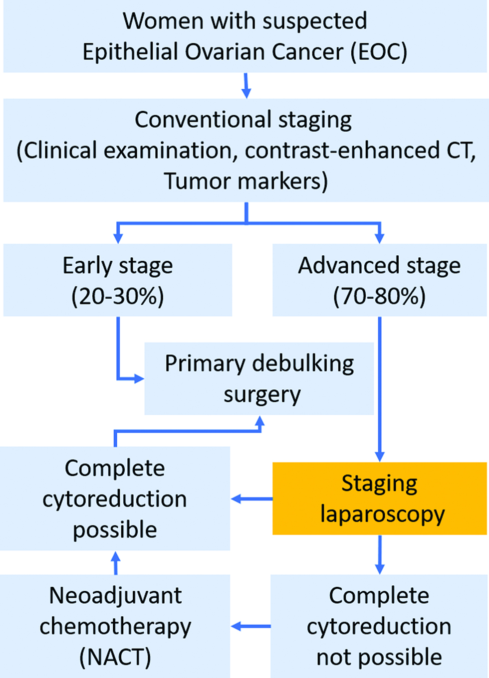 Figure 1: Clinical pathway and diagnostic test (staging laparoscopy).