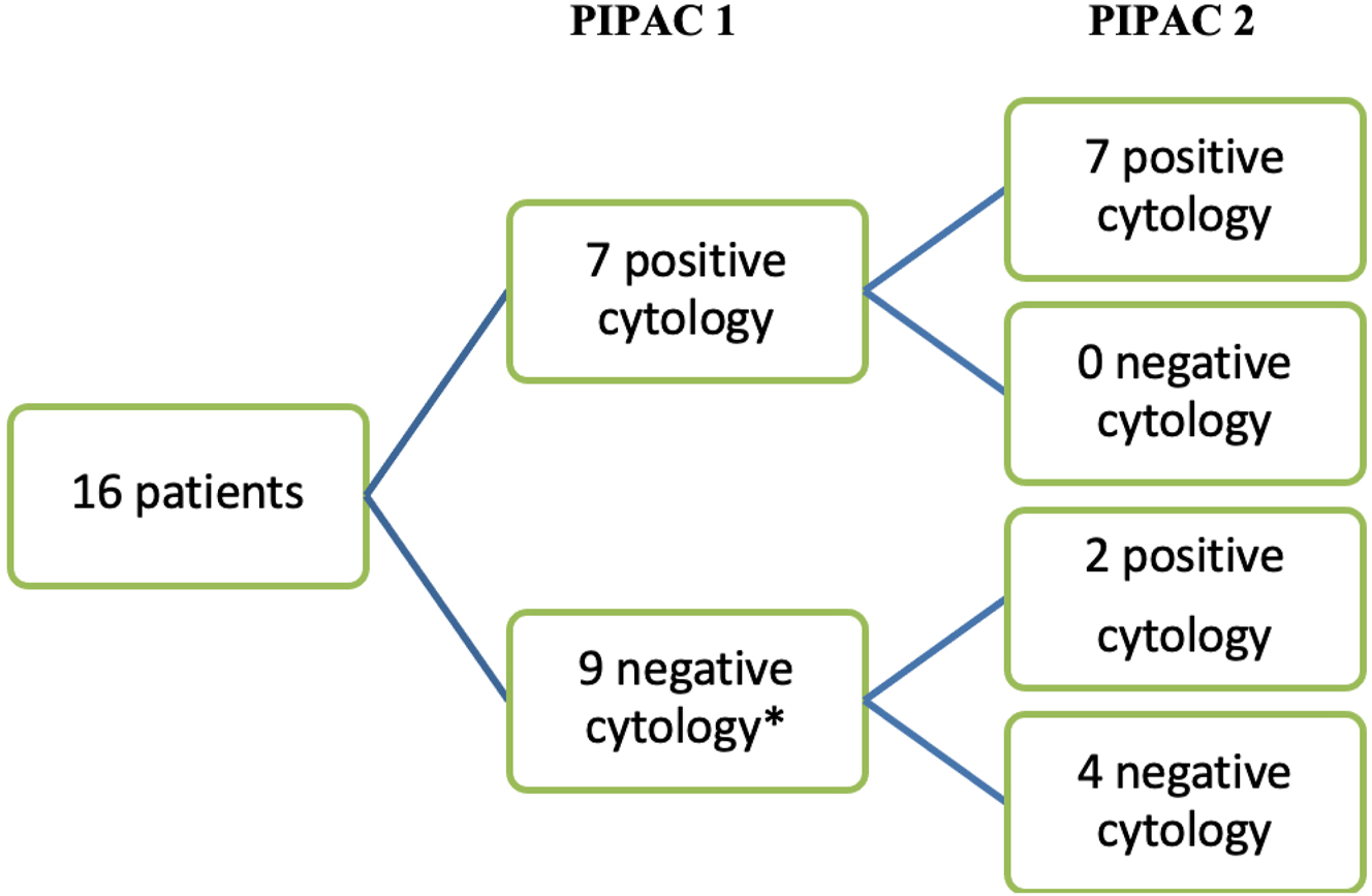 Figure 2: 
Flowchart of changes in cytology between PIPAC 1 and 2 (≠ per protocol patients). * 3 patients with unknown cytology at PIPAC 2.

