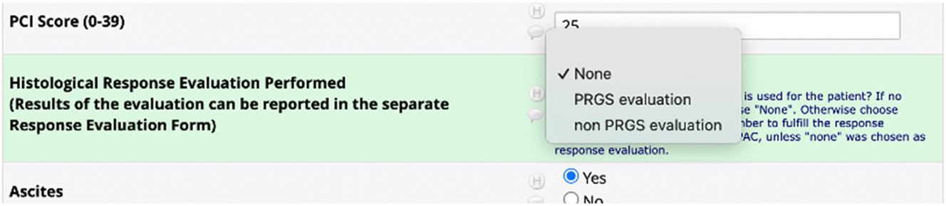 Figure 3: 
Under the key element treatment, the investigator should choose which kind of histological response evaluations is performed. There are three options: None, PRGS evaluation, or non-PRGS evaluation.
