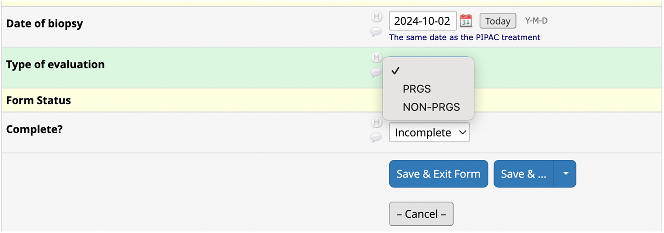 Figure 4: 
Creation of a new field under the key element Response evaluation. The investigator chooses whether PRGS or non-PRGS was performed and is prompted to provide additional response data.
