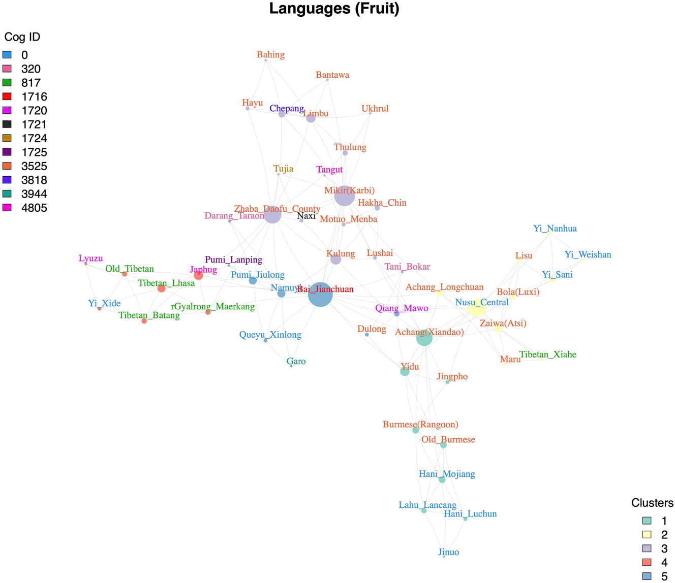 Figure 3:
Language Networks of ‘Fruit’. In this figure, distinct text colors correspond to different subgroups for languages. Node colors designate various clusters, showcasing how languages group together based on shared colexification patterns for ‘fruit’. The size of each node represents the degree of the language, with larger nodes indicating languages that have a higher degree of colexification with other languages in the network.