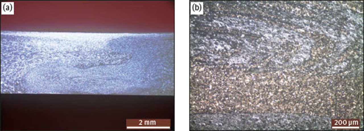 Fig. 6 (a) Optical macrograph of specimen 5; (b) optical micrograph of the weld nugget.
