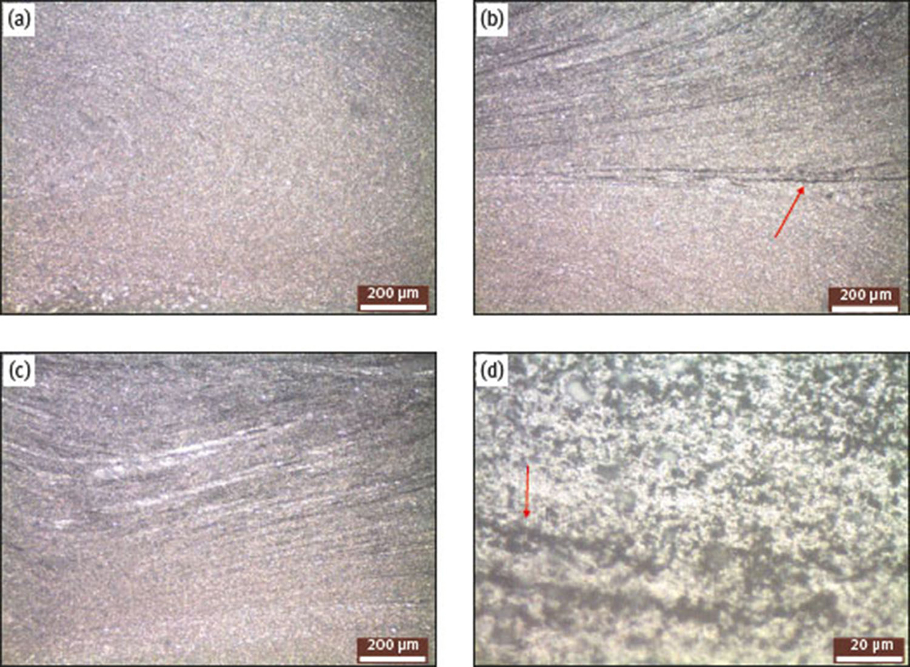 Fig. 7 Optical micrographs of several areas of the weld nugget of the specimen 4 (a,b,c) 100× magnification, (d) 1000× magnification.