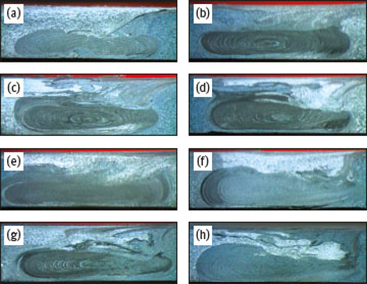 Fig. 17 Optical stereoscopy macrographs of the specimens after etching. Test: (a) 1, (b) 2, (c) 3, (d) 4, (e) 5, (f) 6, (g) 7, (h) 8.