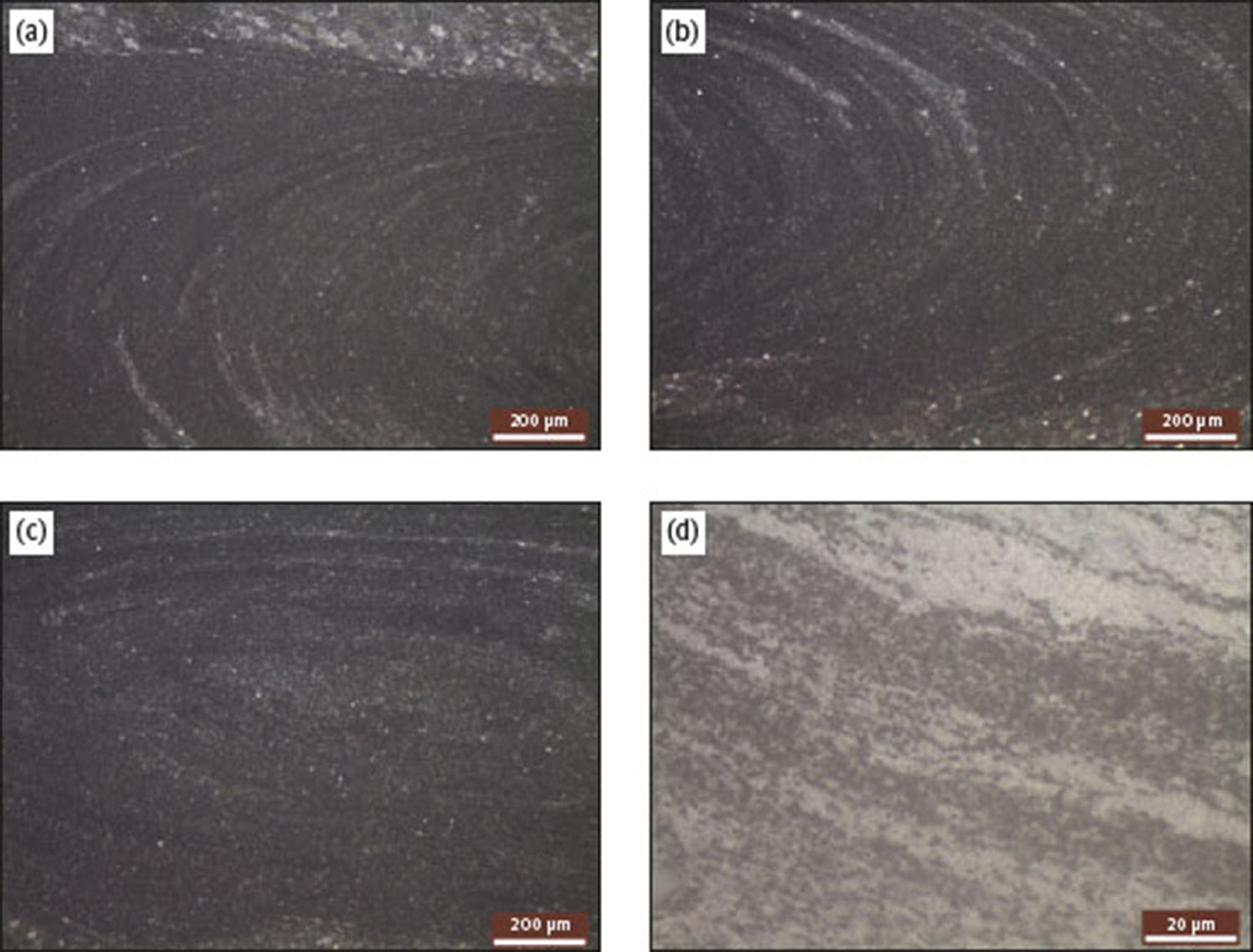 Fig. 18 Optical micrographs of several areas of the weld nugget of the specimen 2: (a) the left side of the wn, 100× magnification; (b) the right side of the wn, 100× magnification; (c) the center of the weld nugget, 100× magnification; (d) alternating bands, 1000× magnification.