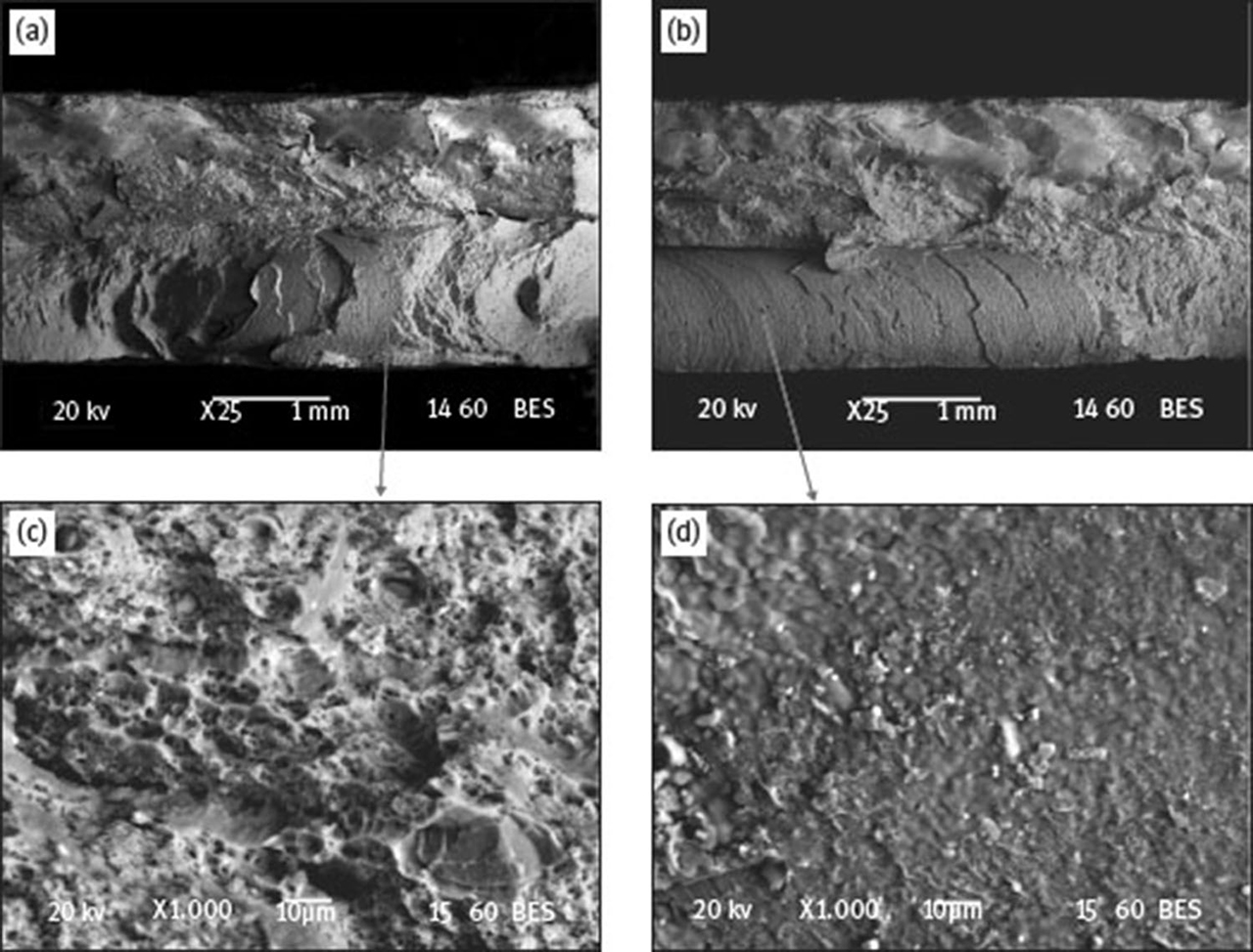 Fig. 23 (a, b) Backscatter electron SEM micrographs of the fracture plane at the WN of the specimen 2, (c, d) further magnification of the areas shown with arrows.