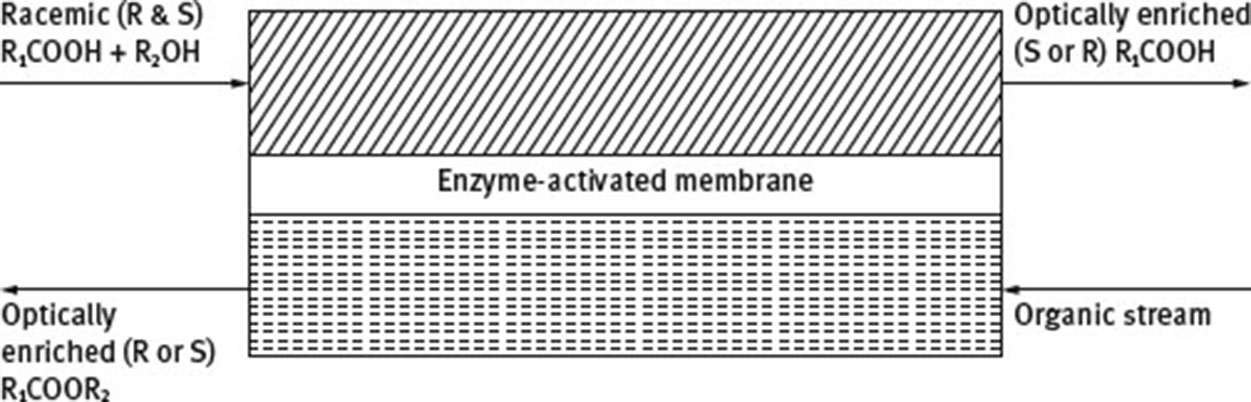 Fig. 29 Schematic representation of a method for the resolution of a racemic mixture of water-soluble organic acids fed in an aqueous feed stream [134].