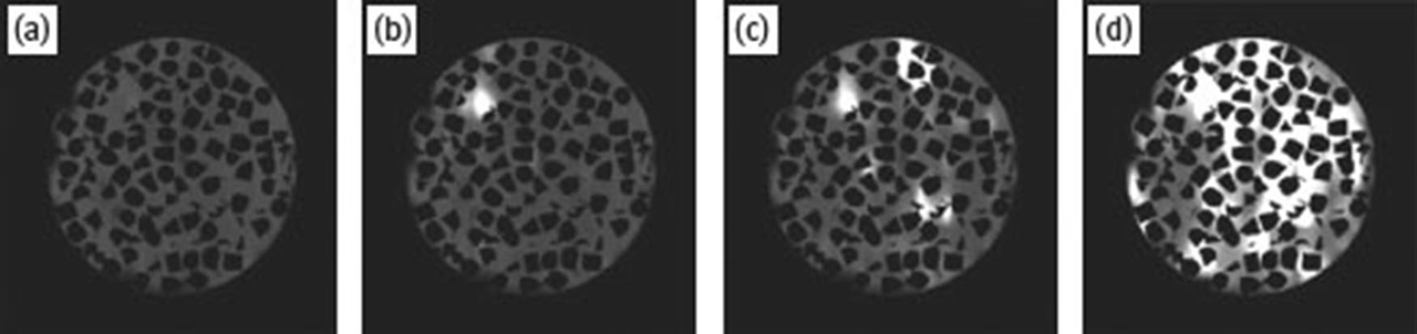 Fig. 21 Identification of the location and size of local pulses within the trickle bed determined by MRI. A high spatial resolution image (in-plane spatial resolution 175 μm × 175 μm; slice thickness 1 mm) was overlayed with a standard deviation map calculated from images acquired at a spatial resolution of in-plane spatial resolution 1.4 mm × 2.8 mm and slice thickness 2 mm. The standard deviation maps were linearly interpolated to the same in-plane spatial resolution as that of the high-resolution data. Images are shown for a constant gas velocity of 112 mm s−1, and the data were recorded as a function of decreasing liquid velocity. The liquid velocities are (a) 2.8, (b) 3.7, (c) 6.1, and (d) 7.6mm s−1. Reprinted from Gladden et al. © [98], with permission from American Chemical Society.