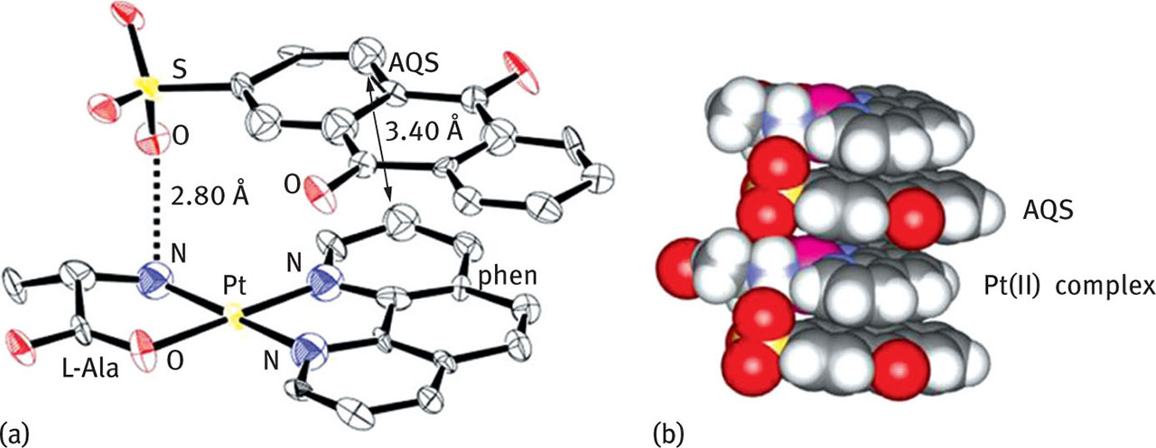 Fig. 6 [Pt(phen)(L-Ala)]···AQS adduct. (a) Molecular structure and (b) stacking between the adducts [81].