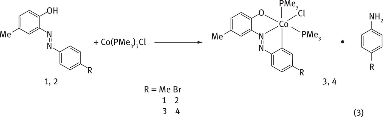 Fig. 8 Reactions of 2-(4′-R-phenylazo)-4-methylphenols (R = Me (1), Br (2)) with Co(PMe3)3Cl afford two organocobalt(III) complexes, Co(PMe3)2Cl(Me(C6H3O∩N=NC6H3R)·(H2NC6H4R)) (R = Me (3), Br (4)), whereas the reactions of 1 and 2 with Co(PMe3)4 and Co(PMe3)4Me afford the dinuclear complex [Co2(PMe3)4(MeC6H3O∩NH)2] with the cleavage of N═N bond. Reprinted with permission from [30]. Copyright (2008) American Chemical Society.
